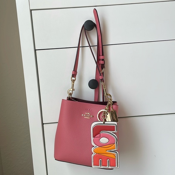 Coach Handbags - Coach Mini Bucket Bag in Taffy with Love print Keychain Bag Charm bundle